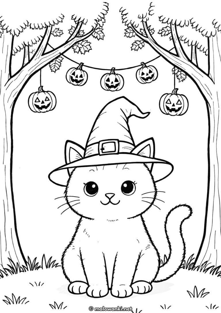 Kolorowanka Halloween - kot w kapeluszu czarownicy