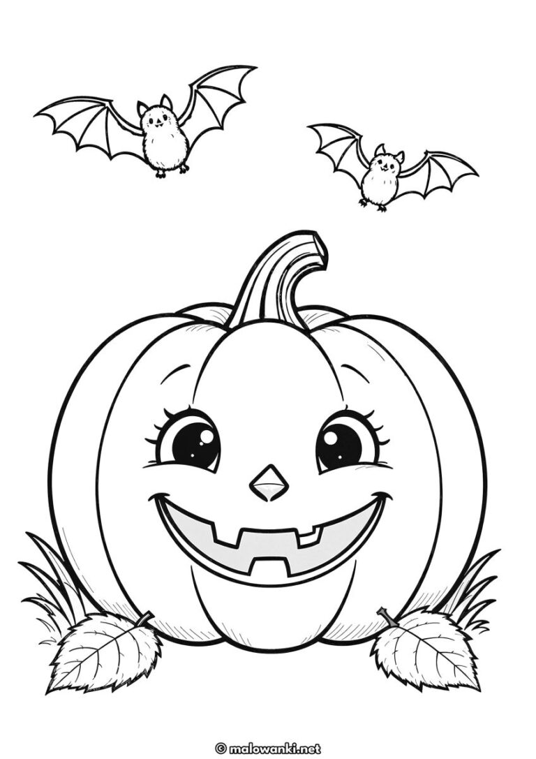 Halloweenowa kolorowanka dla dzieci z dynią i nietoperzami do wydruku