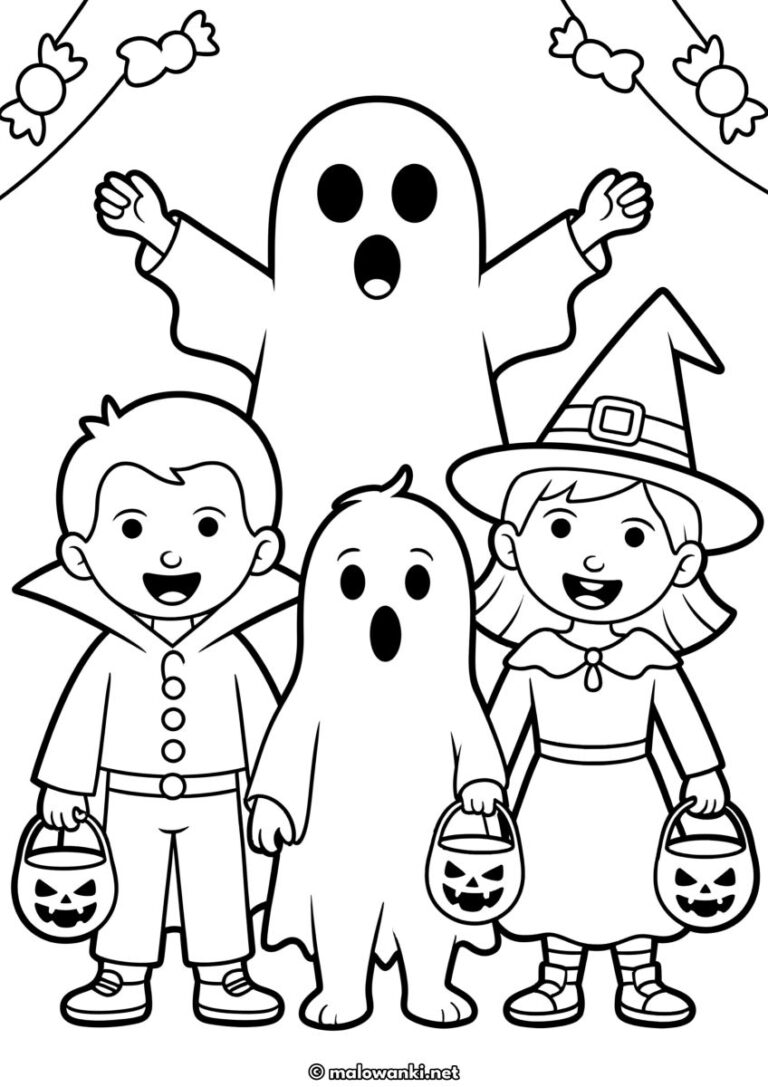 Kolorowanka dzieci w przebraniach na Halloween