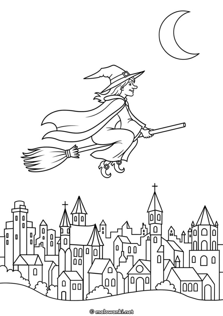 Kolorowanka Halloween z czarownicą lecącą na miotle nad miastem