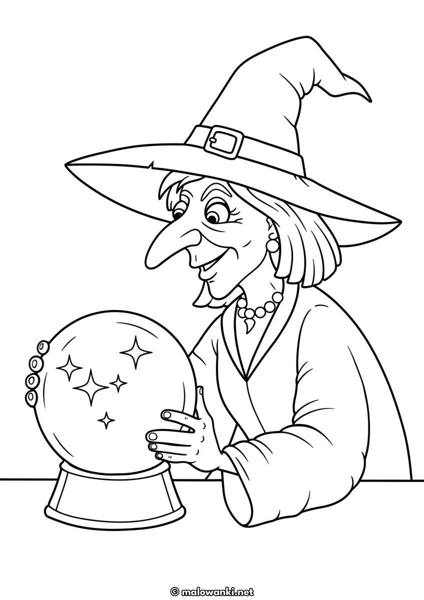 Kolorowanka Halloween z czarownicą wpatrującą się w magiczną kulę
