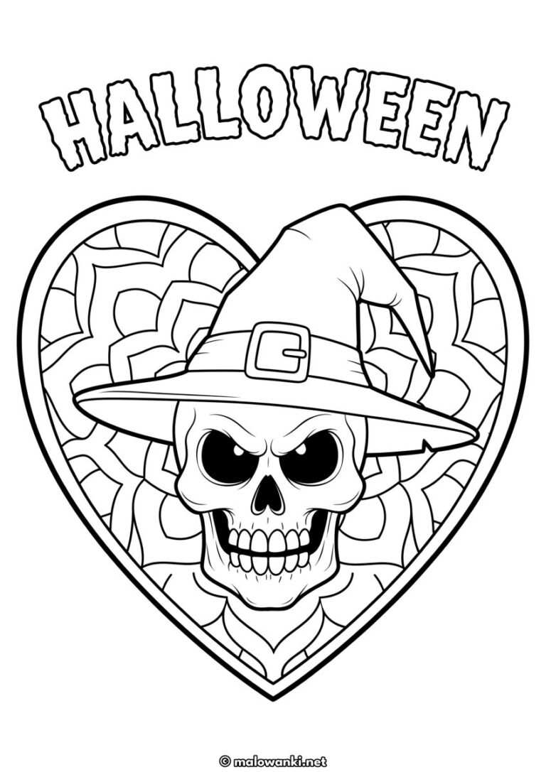 Kolorowanka Halloween z czaszką w kapeluszu czarownicy na tle mandali w kształcie serca
