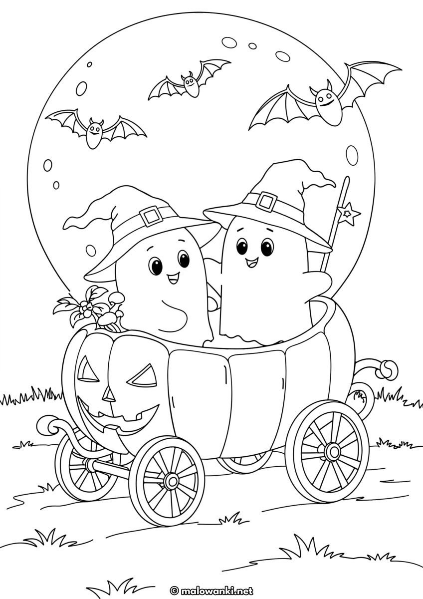 Kolorowanka Halloween z duszkami w dyniowym powozie