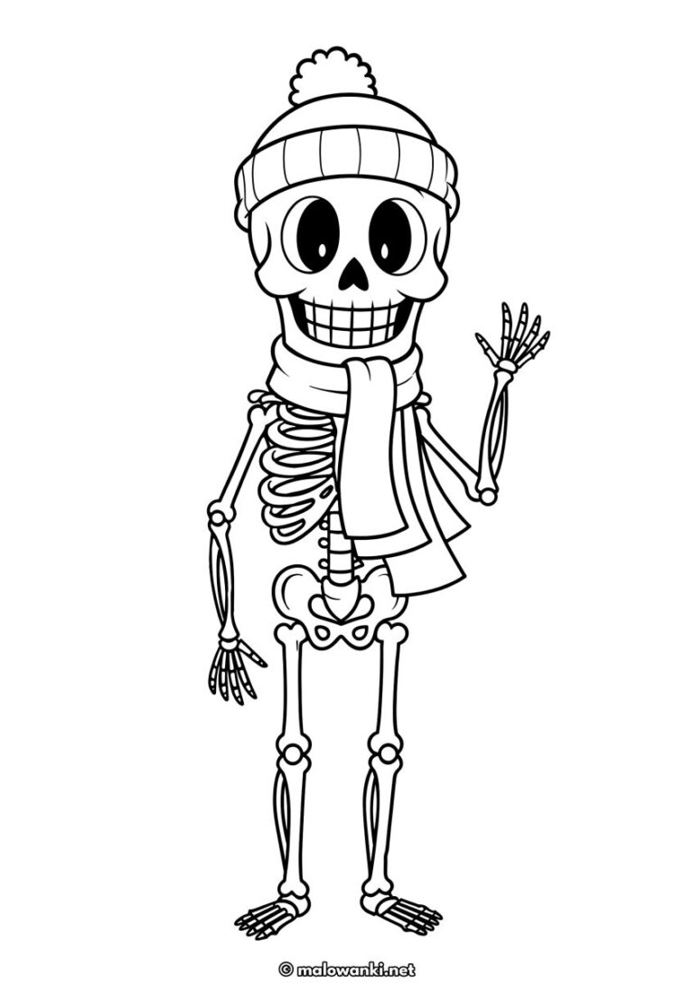 Kolorowanka Halloween z uśmiechniętym szkieletem w zimowym ubraniu
