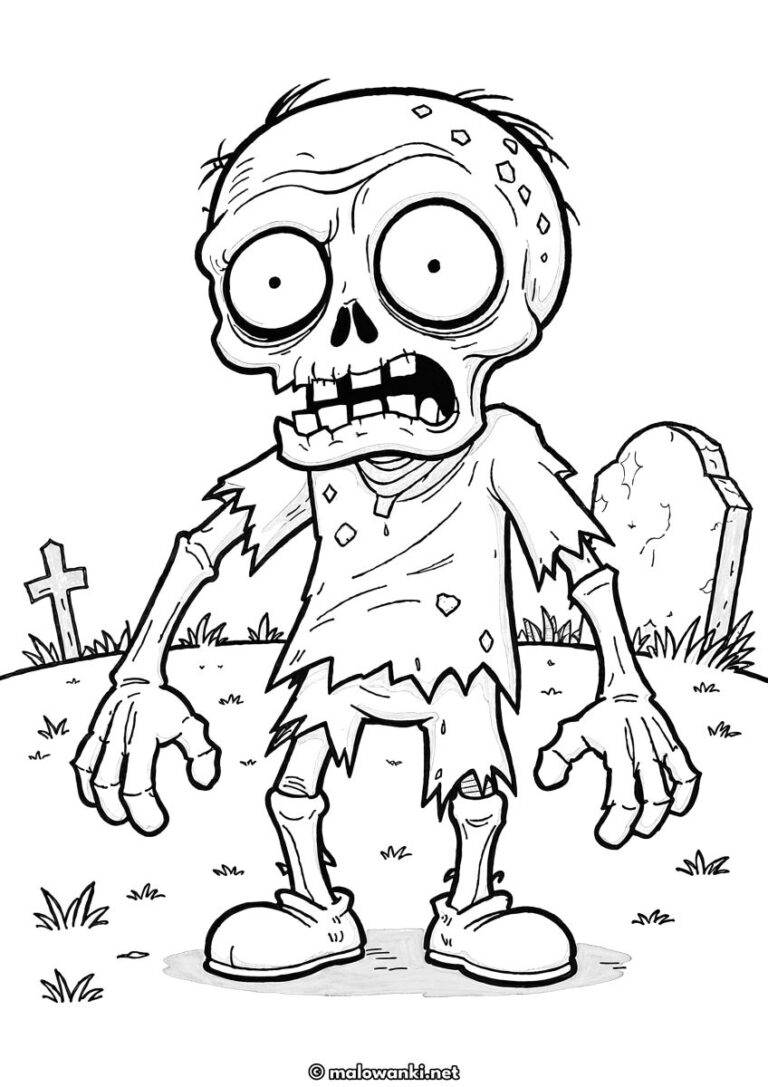 Kolorowanka Halloween z zombie na cmentarzu