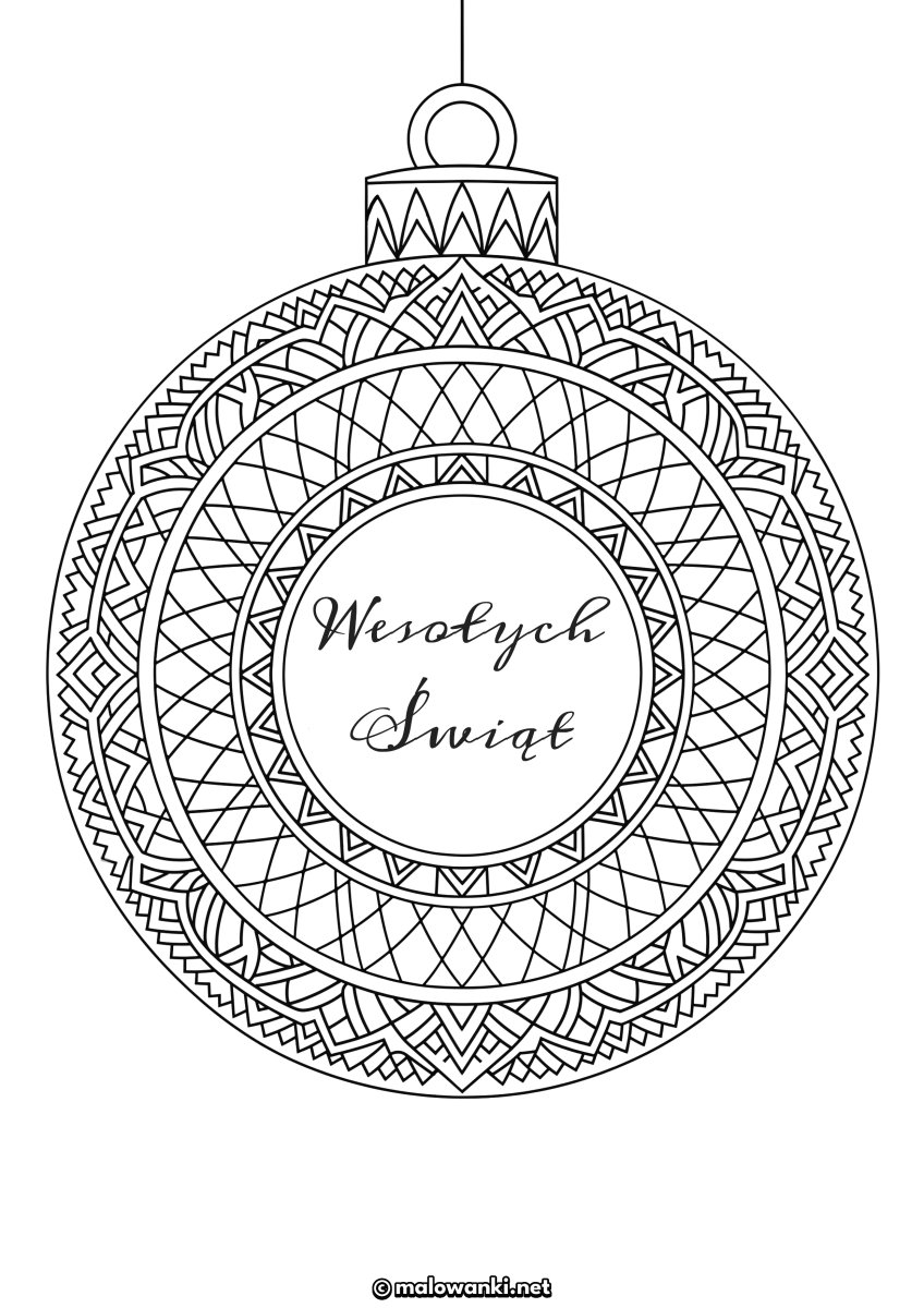Świąteczna kolorowanka mandala z bombką Wesołych Świąt