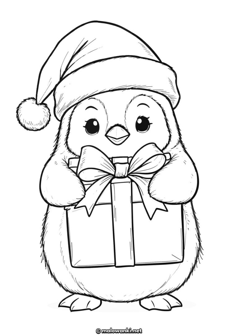 Kolorowanka świąteczna z pingwinem i prezentem