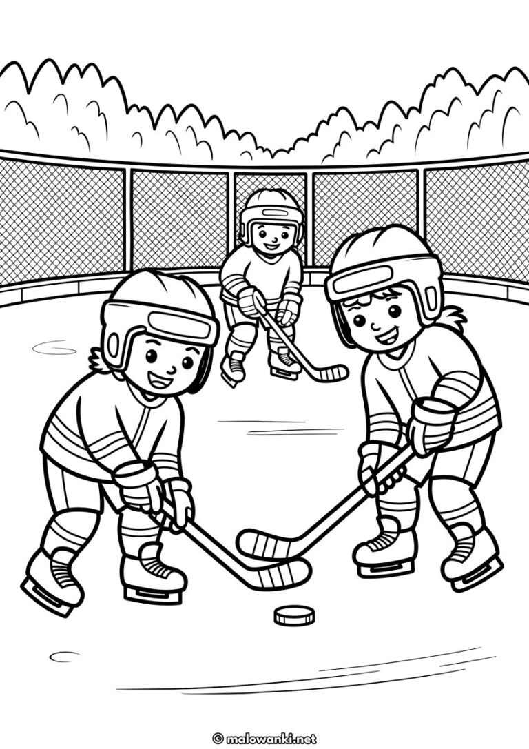 Zimowa kolorowanka do druku z dziećmi grającymi w hokeja na lodzie