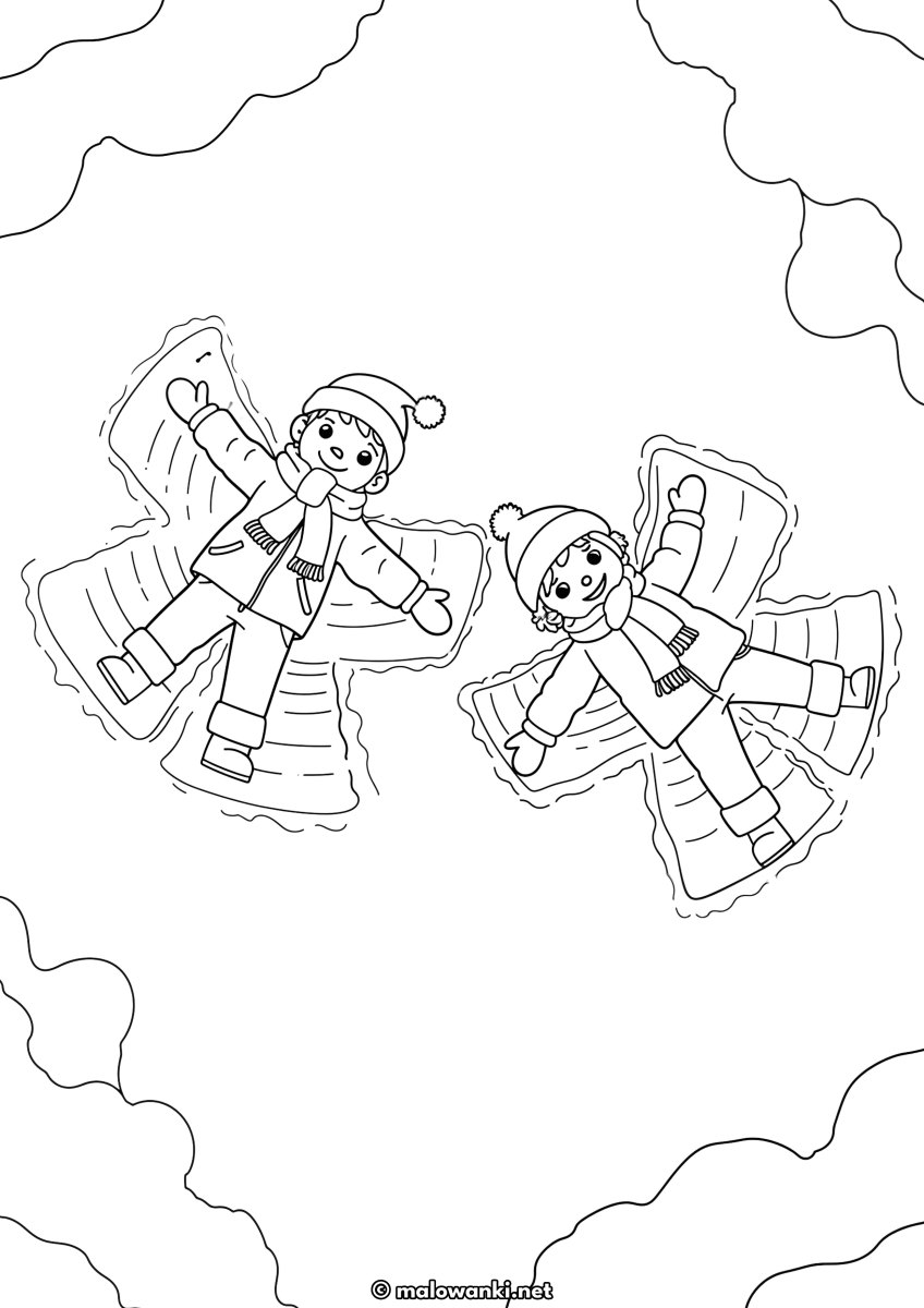 Zimowa kolorowanka do druku z dziećmi robiącymi aniołki na śniegu
